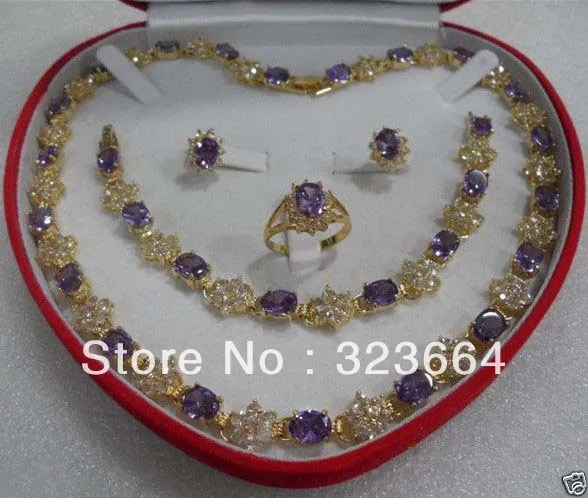 

Hot Sell! Mother's gift purple Crystal GP Earring Bracelet Necklace Ring +box