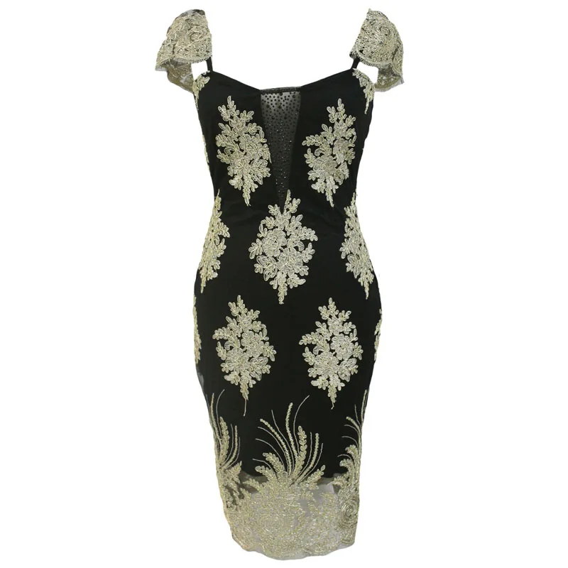Elegant Lace Black Gold Embroidered Bodycon Dress