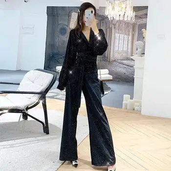 

2019 Spring Autumn Women Gold Velvet Solid Set Female Deep V Neck Sashes Slim Top+Elastic Waist Wide Leg Pant Sequined Suit Z321