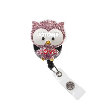 

50pcs/100pcs cartoon pink rhinestone owl bird id badge reel love owl retractable clip reels for sale