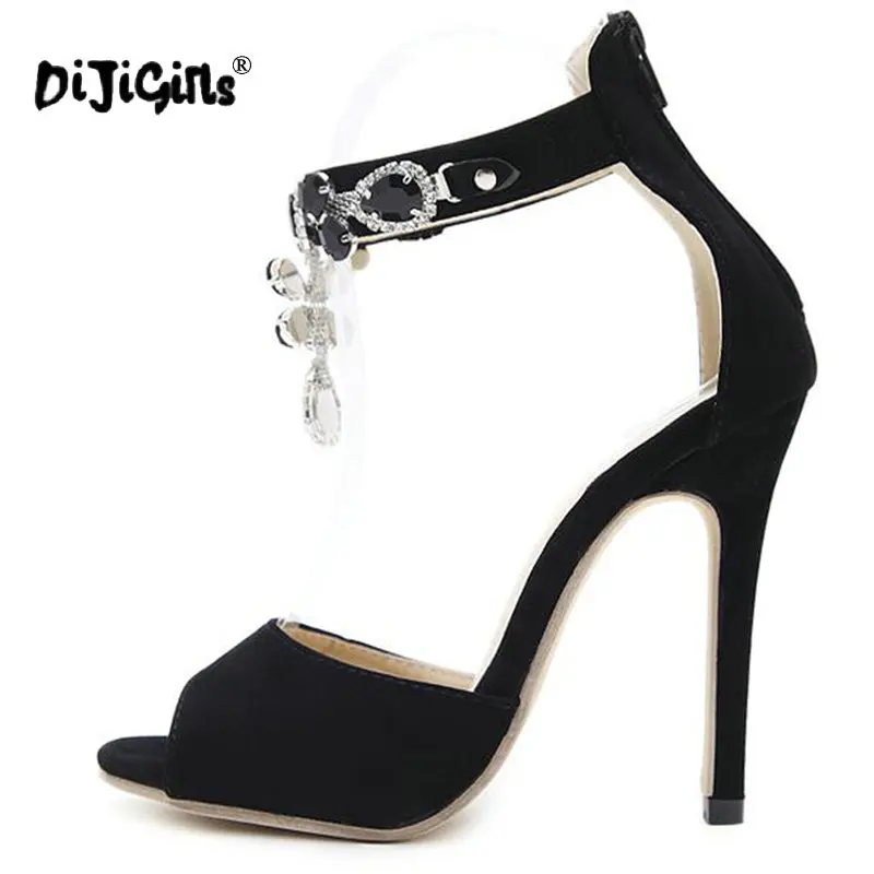 Dijigirls/женские замшевые босоножки на высоком каблуке, украшенные черными кристаллами; пикантные босоножки-гладиаторы с открытым носком и ремешком на щиколотке, стразы