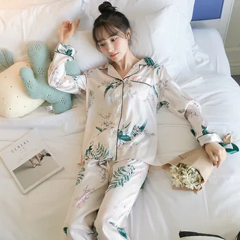 

B Women Autumn Long Sleeved Nightwear Silk Sleep Clothing Plus Size Satin Sleepwear Turn-down Collar Full Length Floral