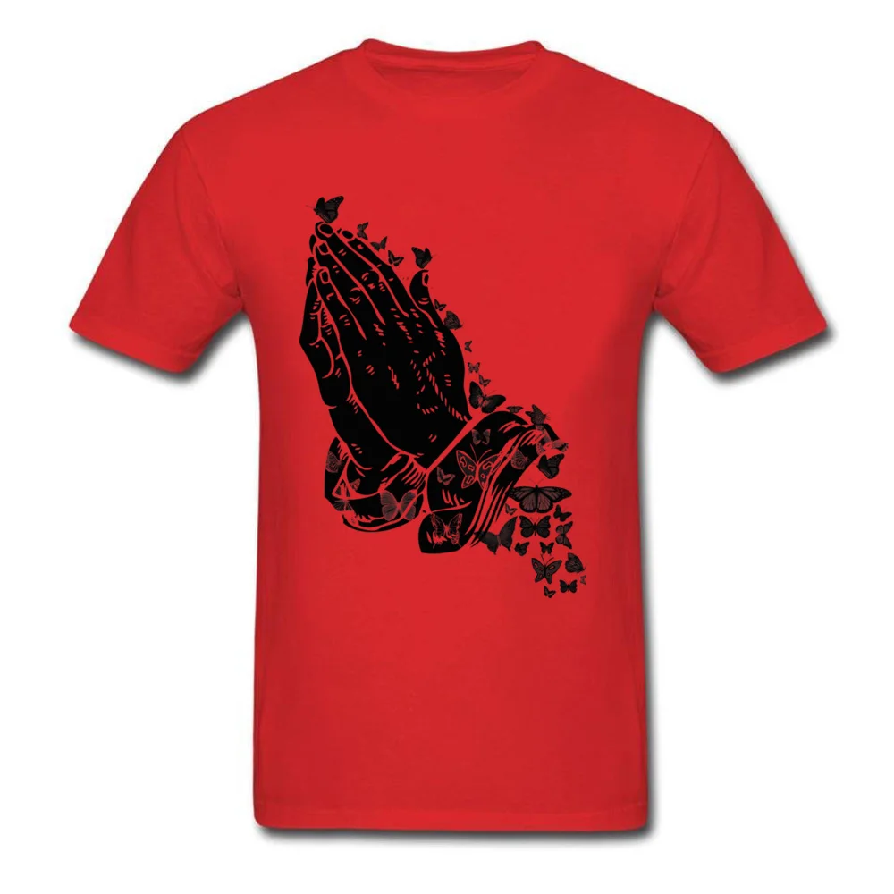Praying hands and butterflies Crazy T-Shirt for Male 100% Cotton Summer Tops T Shirt Tee Shirt Short Sleeve Brand Crew Neck Praying hands and butterflies red