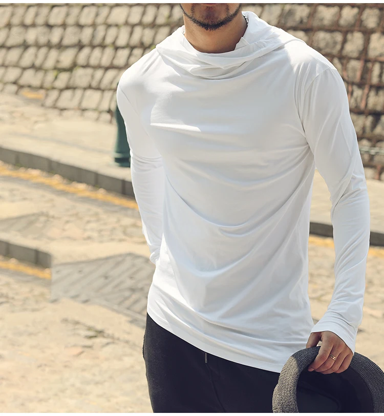 Men Autumn New European Style High Collar Long Sleeve Hooded T-shirt with Cap Men Slim Casual Cotton Irregular T-shirt T908 HTB1gYP6XyzxK1RjSspjq6AS.pXaG - Men Autumn New European Style High Collar Long Sleeve Hooded T-shirt with Cap Men Slim Casual Cotton Irregular T-shirt T908