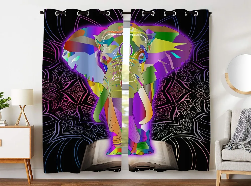 

HommomH Curtains (2 Panel) Grommet Top Darkening Blackout Room Colorful Elephant Book Mandala Pattern