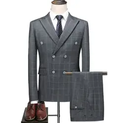 S-5 xl (куртка + жилет брюки) для мужчин's двубортный костюм мода плед жениха свадебное платье костюм/Мужчин's повседневное бизнес костюм