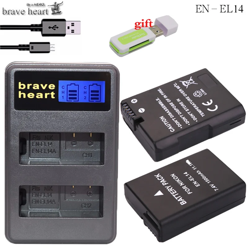 

2x bateria EN-EL14 EN EL14 battery + USB Charger for Nikon COOLPIX P7000 P7100 P7700 P7800 D3100 D3200 D3300 D5100 D5200 camera
