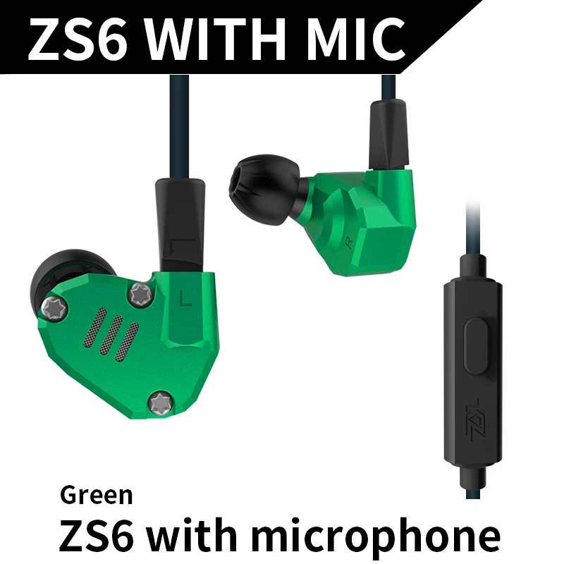 KZ ZS6 2DD+ 2BA HIFI бас гарнитура спортивные наушники-вкладыши Динамический драйвер шумоподавление Гарнитура замена кабеля as10 AS10 - Цвет: green with mic