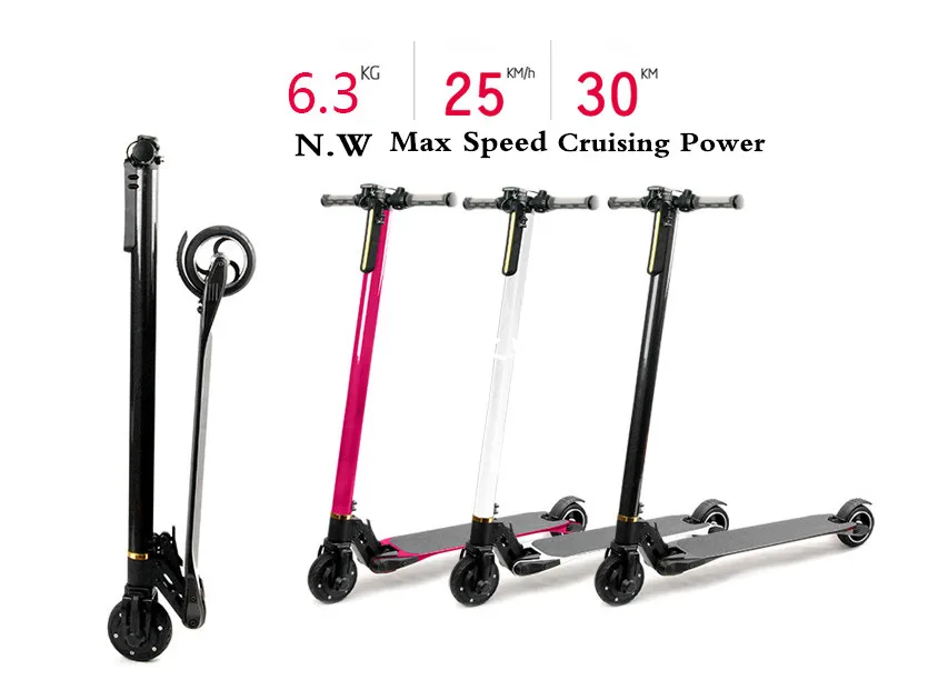 250 Вт 24 В 5 дюймов 120 кг 22-30 расстояния заряда углеродное волокно складной электрический скутер/E- колеса скейтборд
