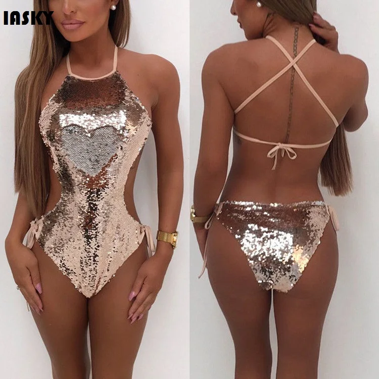 

IASKY Shiny Gradient color Sequins One Piece Swimsuit Bathing Suits 2018 Summer Beach Wear SwimSuit Women Backless Swimwear