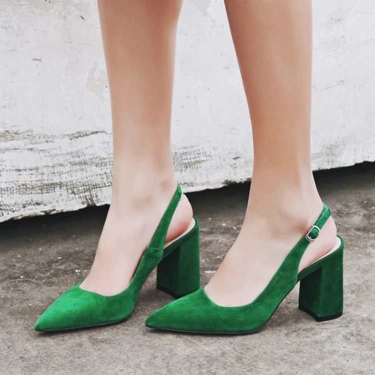 

Sarairis Women Shoes Kid Suede Leather High Heels Pointed Toe Slingbacks Thick High Heel Pumps Summer Party Green Shoes Woman