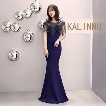 

Blue O Neck Transparent Mesh With Beaded Tassel Mermaid Evening Party Long Dress Elegant Luxury Night Club Dresses Robe Femme