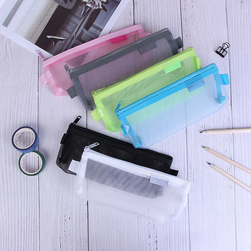 

Transparent Mesh Pencil Case Student Pencil Cases School Office Supplies Pencil Box 6 Colors 1pc