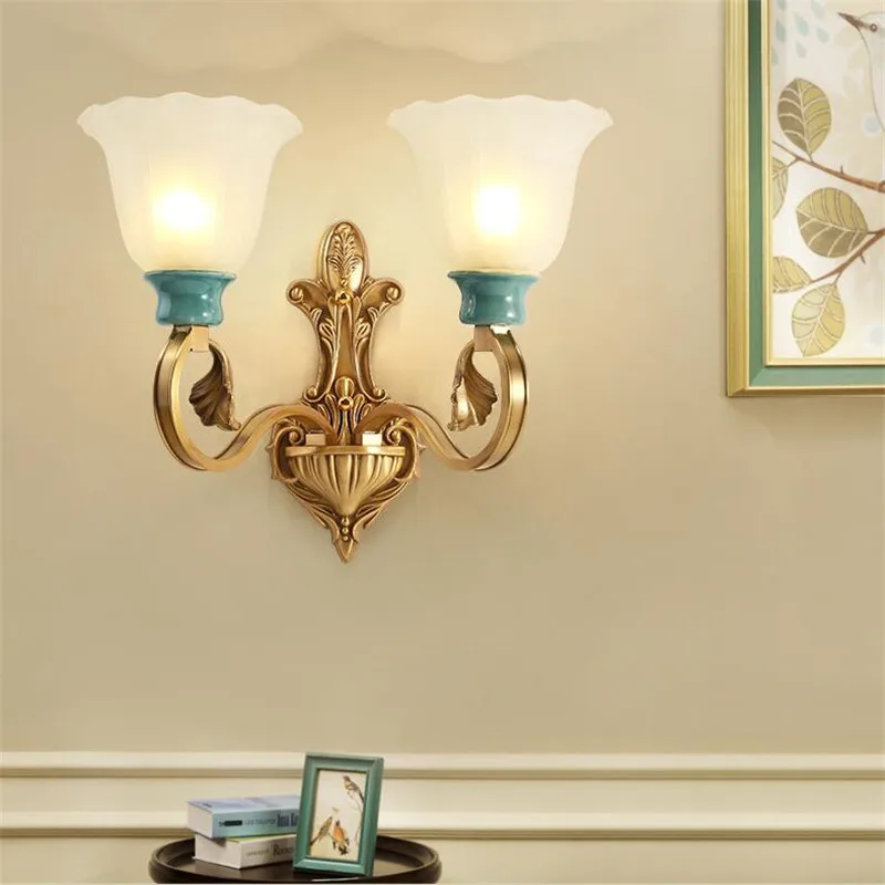 

L78-American-style European Minimalist Full Copper Wall Lamp Ceramic Lamp Shade for Background Bedroom Bedside Corridor Aisle