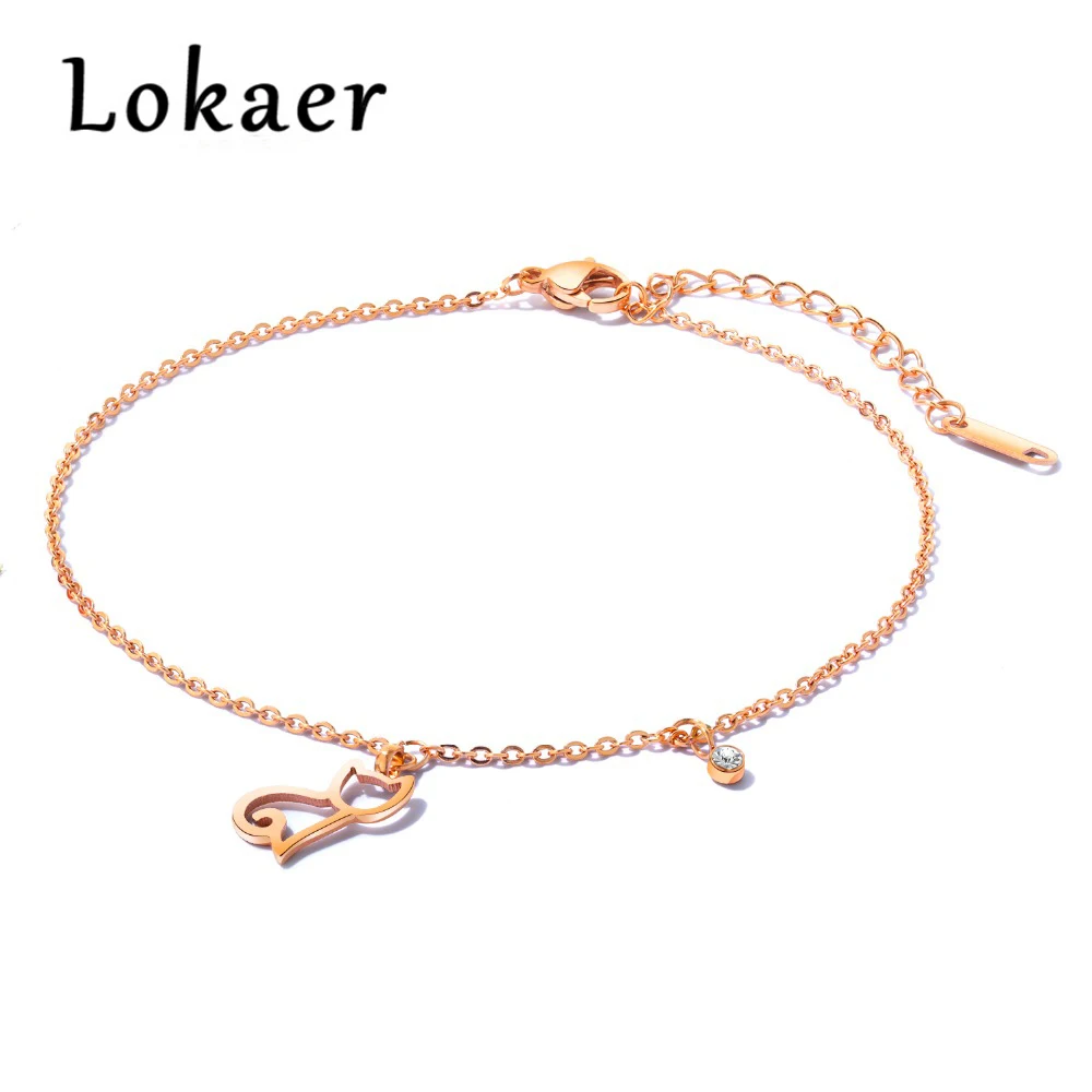 

Lokaer Anklet Bracelet Foot Jewelry For Women Stainless Steel Rose Gold Color Cubic Zirconia Cat Leg Chain Length 260mm