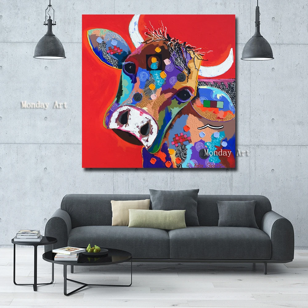 3 Cartoon Painted Large size printed Canvas Paintings red Cow Oil Paintings Modern Decoration Wall Art Living Room Decor Pictures