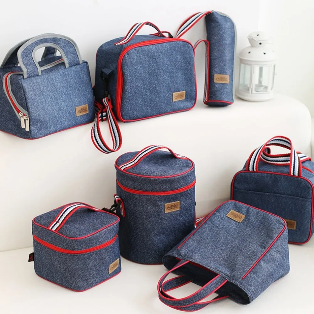 

Denim Thermal Insulated Snack Bag Universal Fruit Cooler Handbag Picnic Lunch Thermal Food Box Ponch