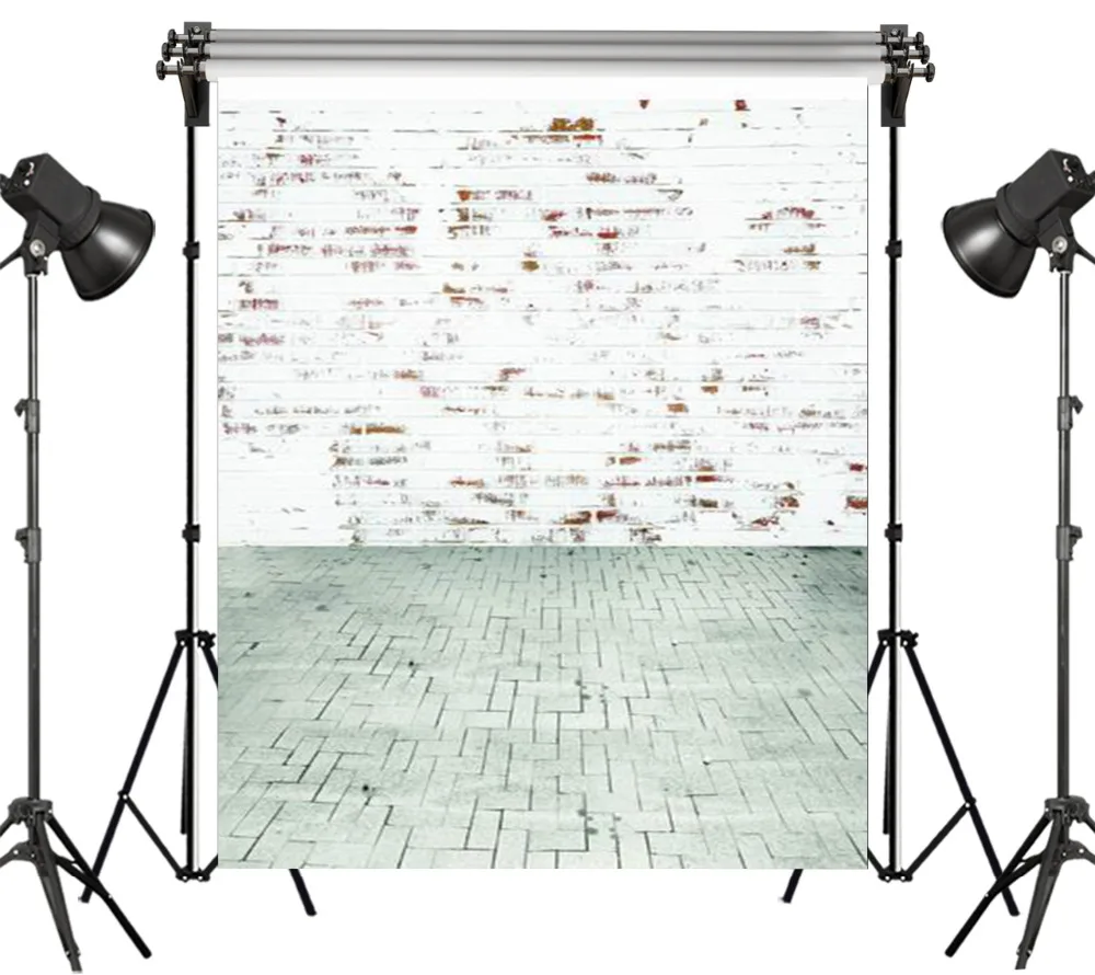 

Polyester Vintage White Brick Wall Floor Washable No Crease Background Photography Backdrops Studio Props Photographic Seamless