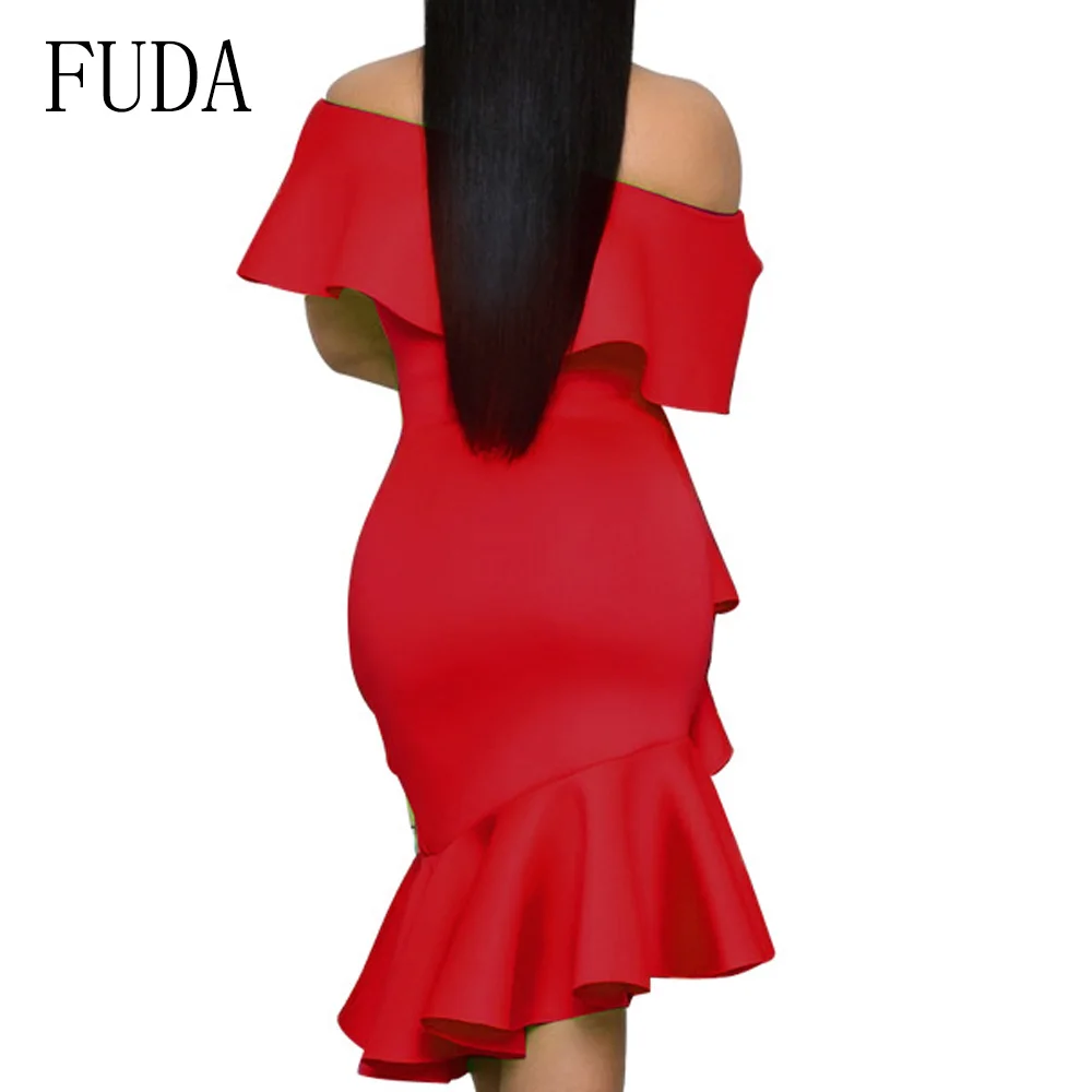 FUDA Irregular Ruffles Sexy Off Shoulder Summer Dress Women Red Backless Bodycon Pencil Dress Elegant Strapless Party Dresses