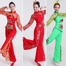 Женский Кружевной Костюм Танцора сексуальное китайское танцевальное платье Yangko топ+ брюки+ головной убор китайский Национальный Костюм танцевальная сценическая одежда 16