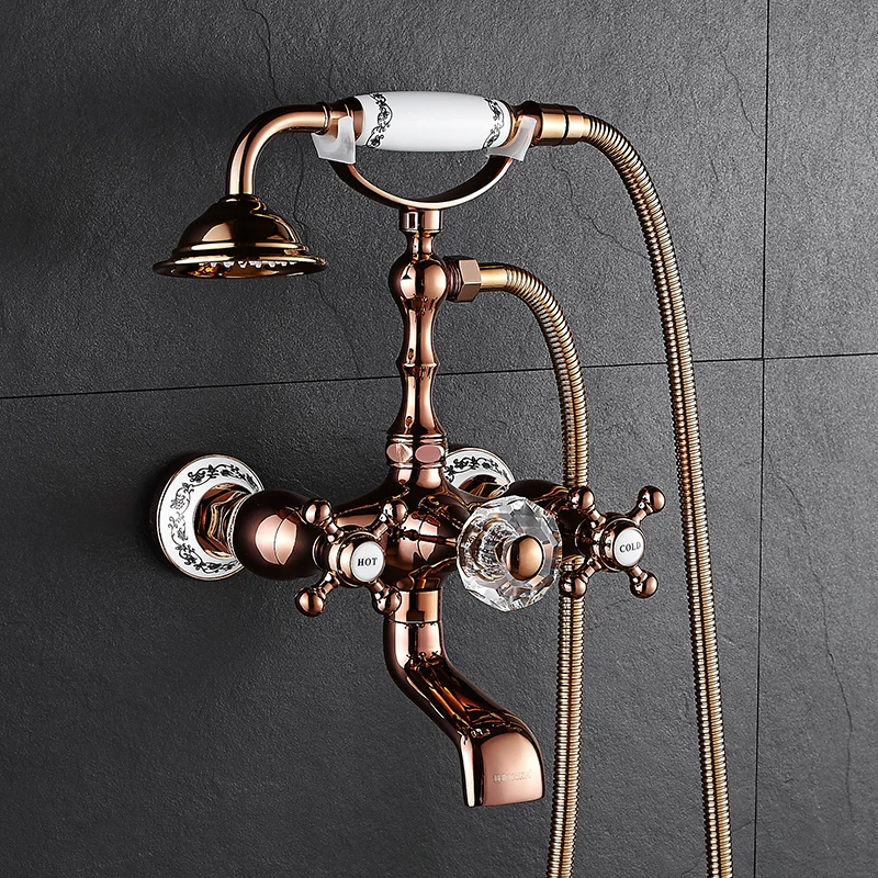 Goedkoop Bad Kranen Luxe Rose Goud Messing Badkamer Douchekraan Hand Regendouche Tap Keramische Gesneden Muur Bad Kraan