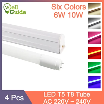 

4pcs RGB Grow LED Tube T5 LED T8 Tube Lamp 6W 10W AC110V 220V 240V Fluorescent Light LED Wall Lamp Red Green Bule Pink 30cm 60cm