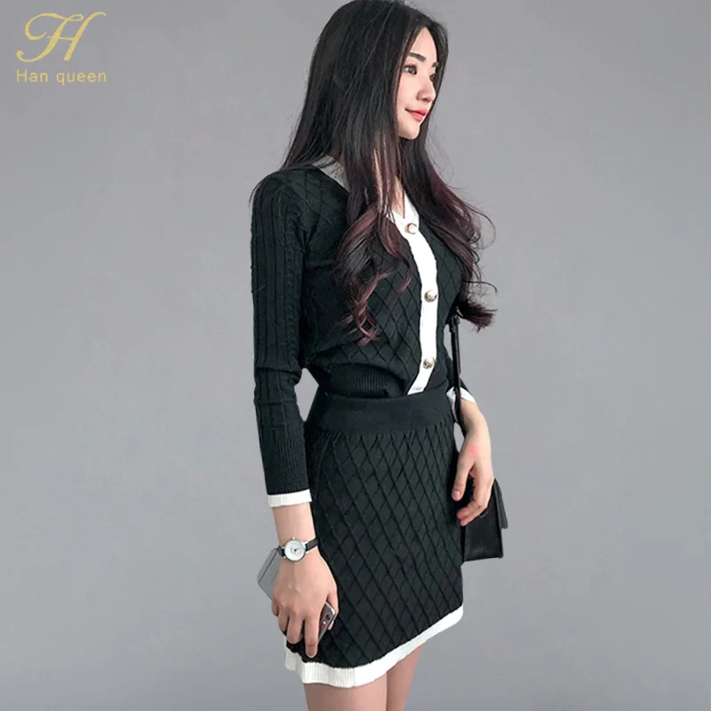 

H Han Queen Korean Style New Fashion Color Matching Suits V-neck Knitted Cardigan Top & High Waist Bodycon Skirt OL 2 Pieces Set