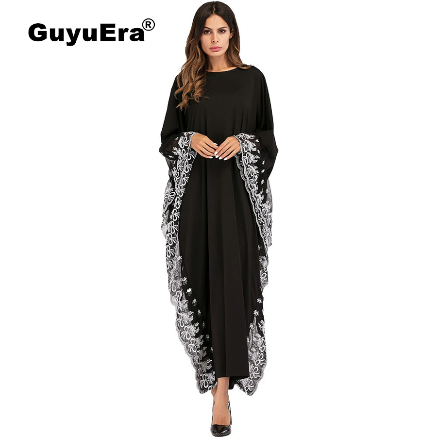 GuyuEra New African Dresses for Women European and American Bat Sleeve Embroidered Dress Muslim Robes Plus Size