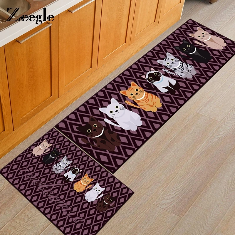 Zeegle Cartoon Cat Printed Kitchen Carpet Floor Mat Living Room Rugs Antislip Bedroom Bedside