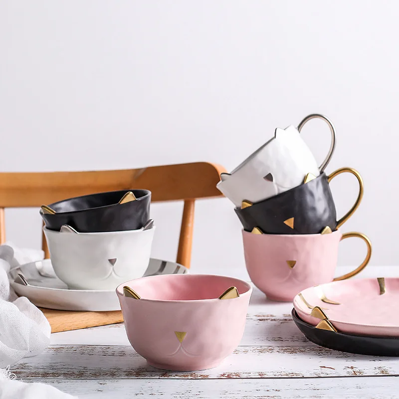 

Cat Design Gold/Silver Inlay Ceramic Dinnerware Breakfast Plate Salad Bowl Fruit Snack Dish Restaurant Coffee Mugs Matte Tumbler
