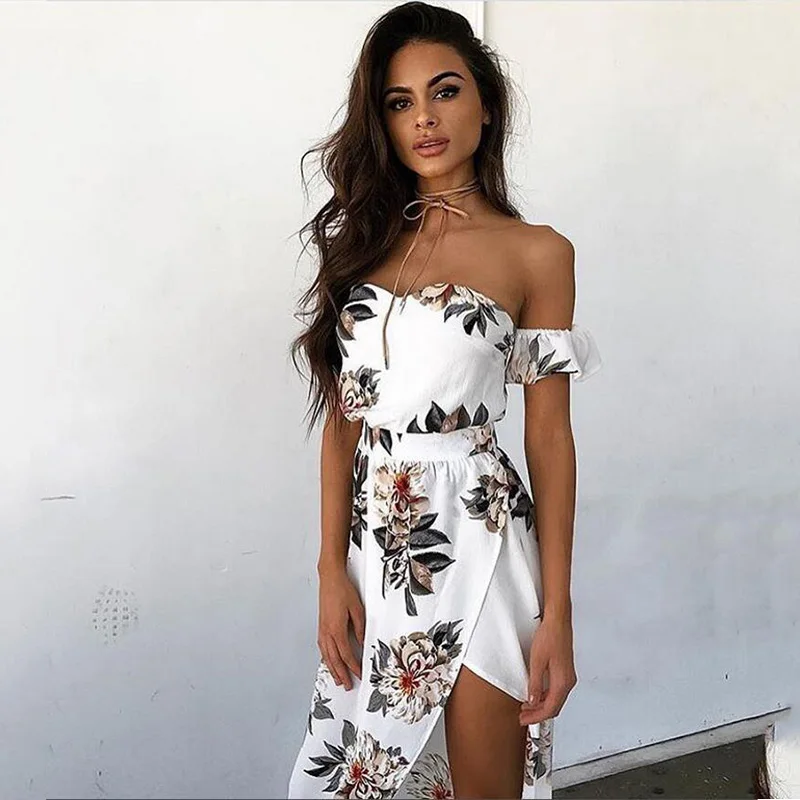 

Summer Women Bobo Slash Neck Beach Casual Floral Print Off the Shoulder Strapless Femme Vestidos Maxi White Party Clothes