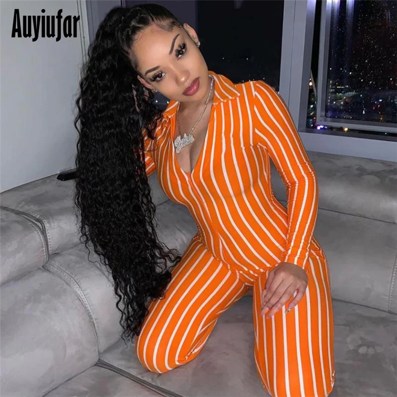 

Auyiufar Strip Orange Playsuit Long Sleeve V-Deep Overalls for Women Zipper Turn-Down Collar Bodycon Body 2019 Summer Bodysuit