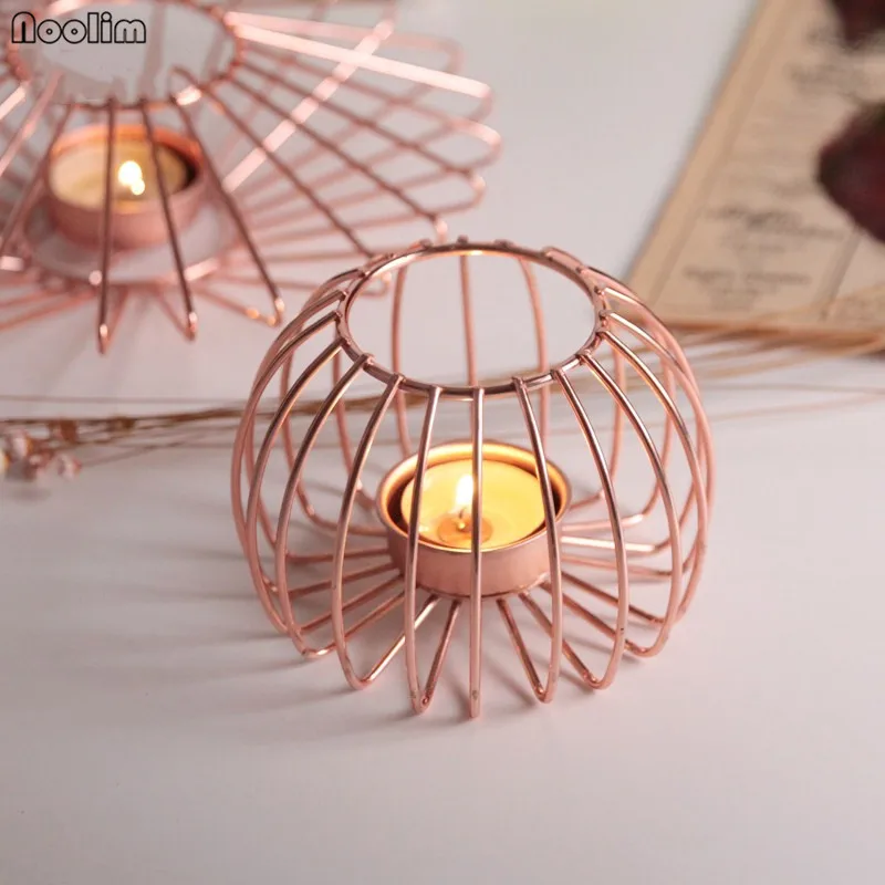

NOOLIM Rose Gold Iron Candlestick Nordic Creative Geometric Candle Holder Tabletop Ornaments Home Wedding Decor