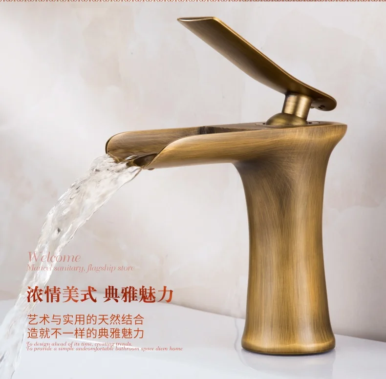

Waterfall faucet hot and cold wash basin basin faucet copper single hole wash basin antique faucet LU4132