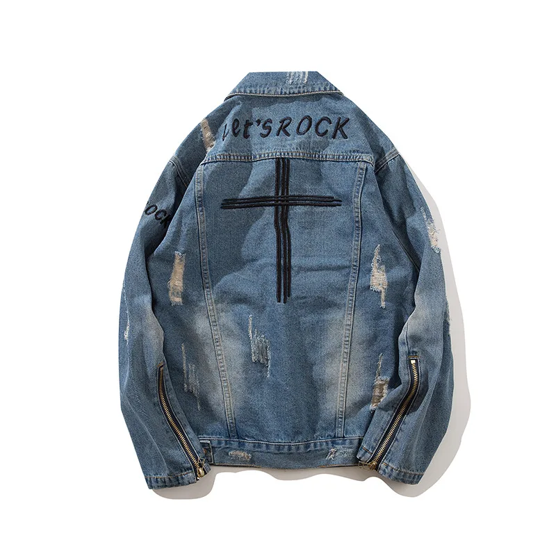 

Men's High Street Hip Hop Loose Oversize Denim Coat Cross Embroidery Cardigan Jeans Jacket Men Hole Sleeve Zipper Bomber Jacket