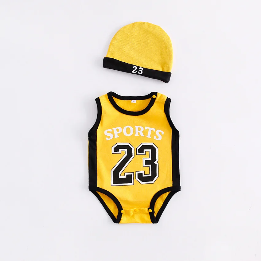 

Baby Boy Sleeveless Romper + Hat 2pcs Outfit Set Kids Fashion Sports Printed Sport Player Jumpsuit Cotton Costume 6 Colors