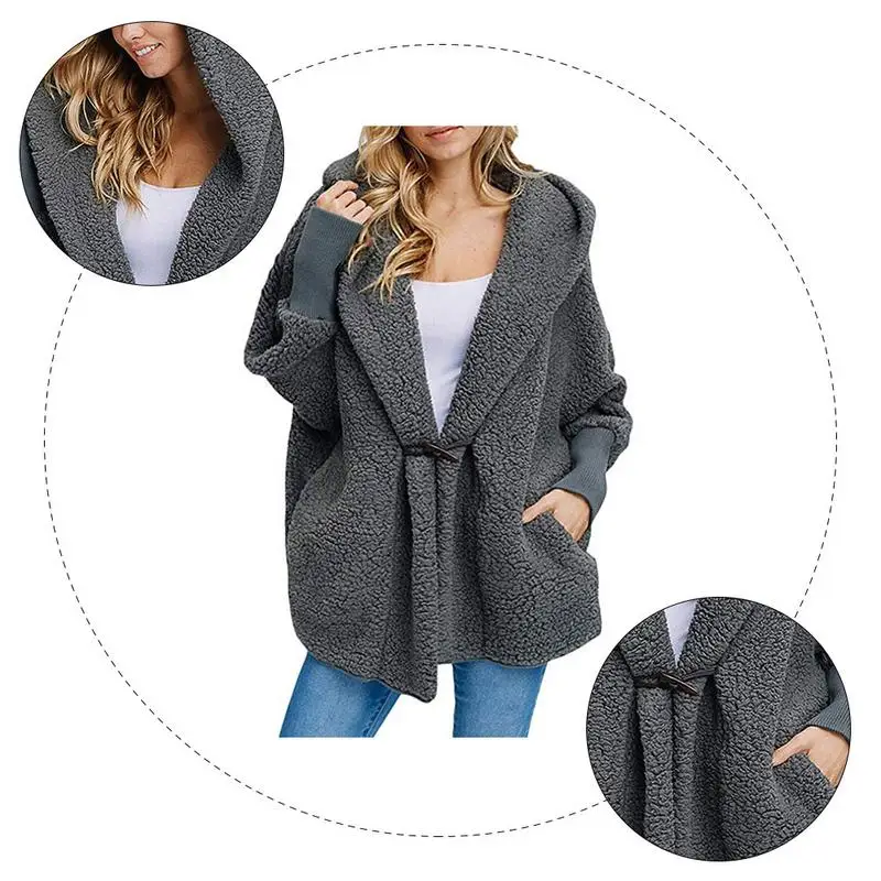 MISS M Autumn And Winter Faux Fur Warm Coat Women's Pocket Buckle Plush Hooded Jacket Female Thick Warm Fur Loose Overcoat Lady
