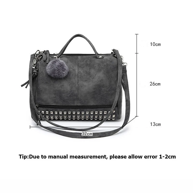 Women Shoulder Bag PU Leather Vintage Female Top-handle Bags Rivet Design Large Ladies Pompon Handbags Girls Bags Bolsa SS0344 (17)
