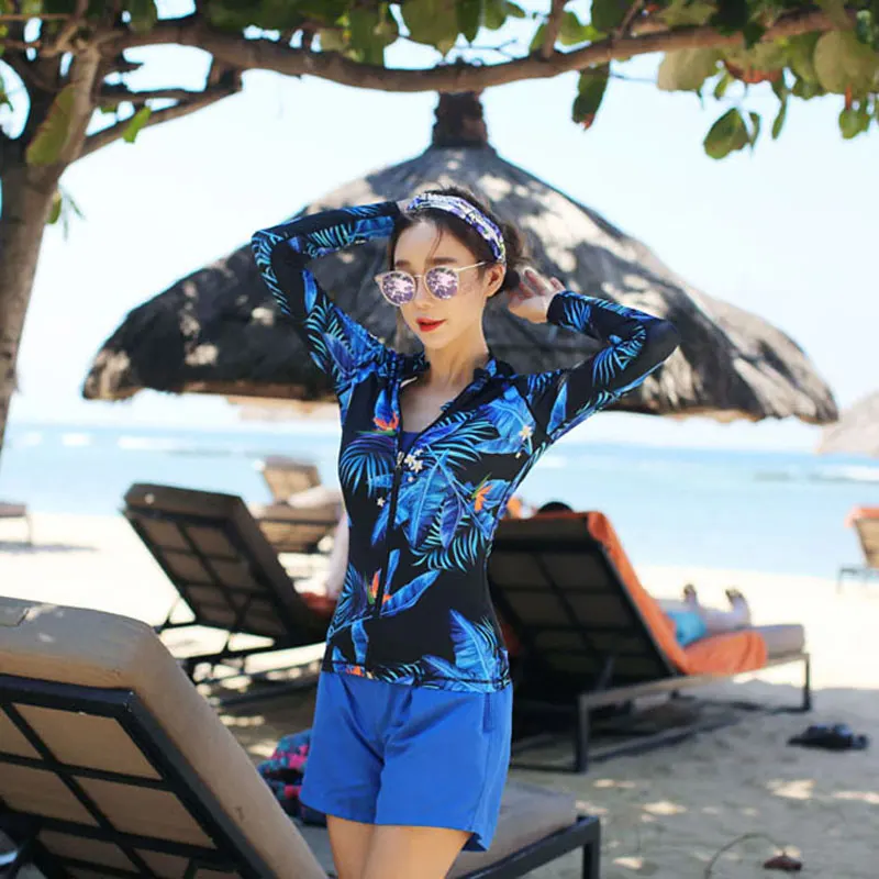 

4 Pieces Women's Long Sleeve Rash Guards set Front Zip Shirt Sun UV Protection Sun Protection Swim Surf Tops & Bottoms Printed