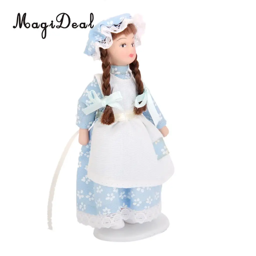 MagiDeal 1Pc 1/12 Dollhouse Miniature Porcelain Dolls Braided Hair Little Servent Girl w Stand for Bedroom Decor Kids Toy 2Kinds