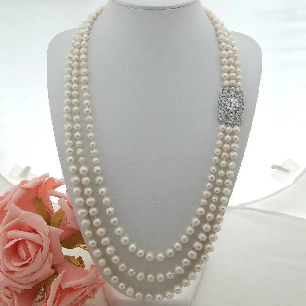 

AB041412 28''-32'' 3 Strands White Pearl CZ Connector Necklace