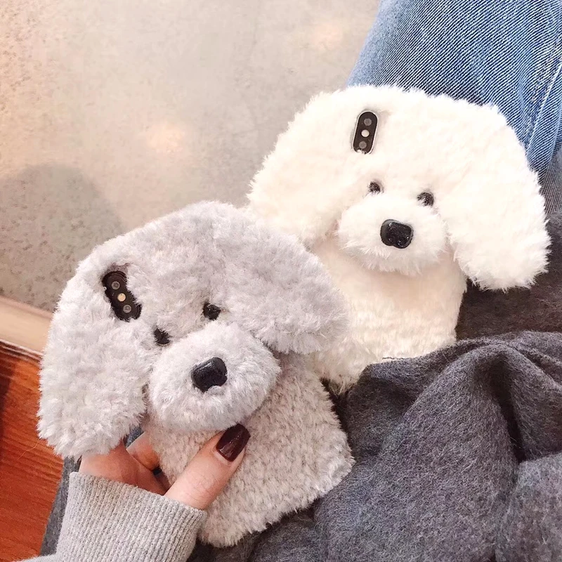 Totviss Case Cute white 3D dog Plush fur phone Case For iphone 6 6S 7 8 Plus X XR XS 11pro Max Winter Warm fur Soft TPU Cover