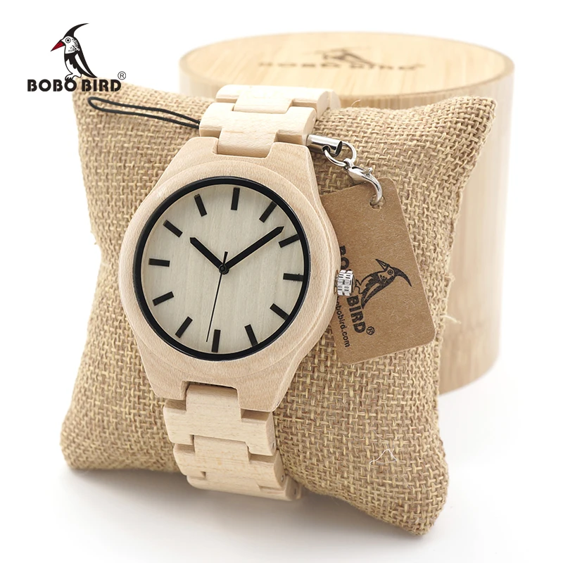 BOBO BIRD Mens White Maple Wooden Watches with bamboo Wood Links Causal Quartz Wrist Watch in Gift Box free shipping