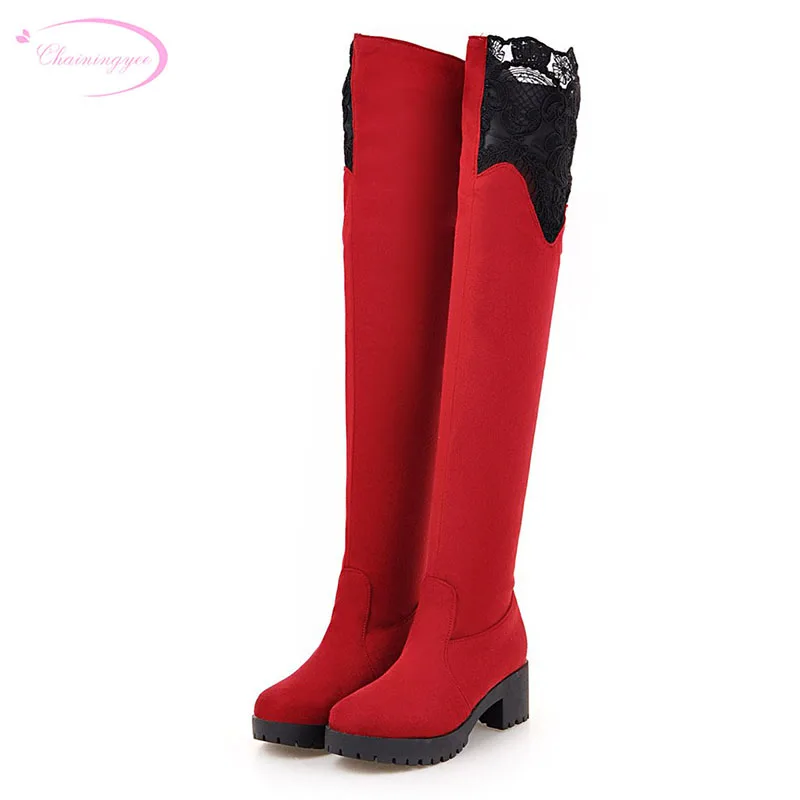 

Chainingyee sweet style autumn over knee high boots fashion lace platform med heel black red brown blue women's riding boots