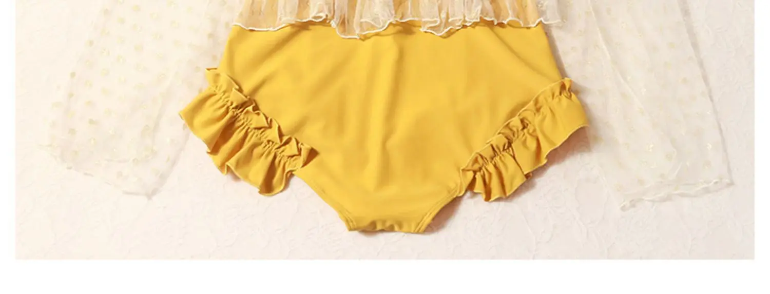Новое желтое цельное гофрированное бикини с открытой спиной и боковым тюлем, в горошек, перспективное солнцезащитное платье, женское пляжное бикини из двух предметов