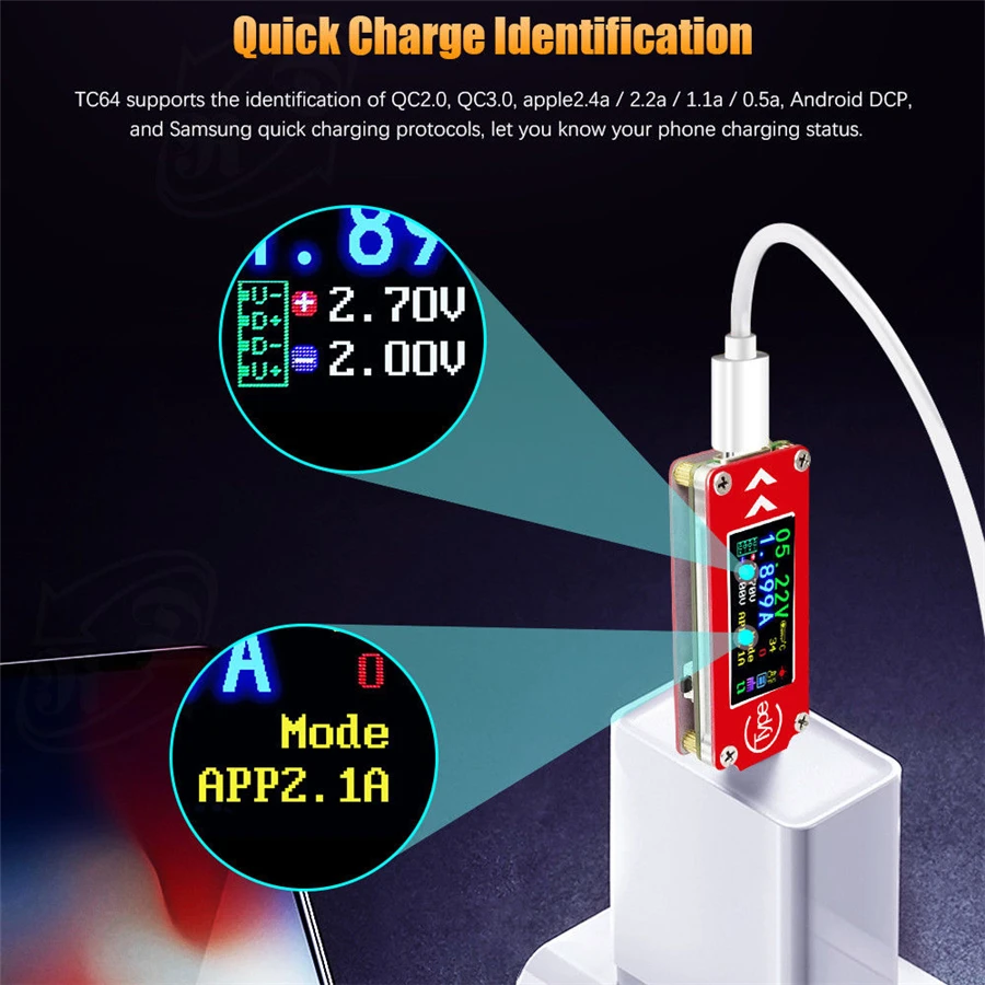 TC64 тип-c цифровой вольтметр Амперметр цветной ЖК-дисплей Напряжение измеритель тока Температура Емкость энергии USB тестер QC2.0 QC3.0