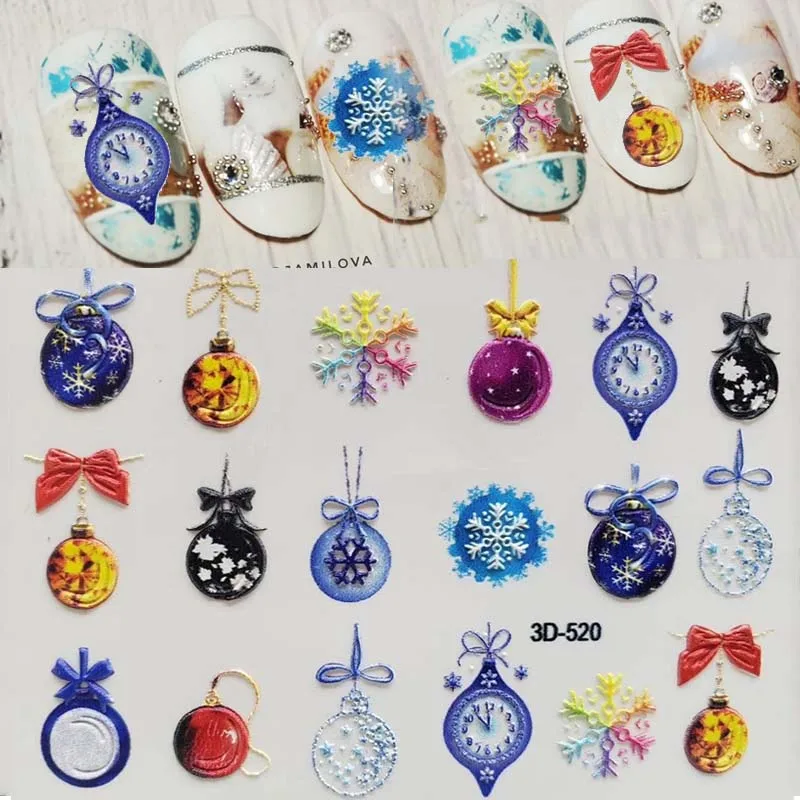 1pc 3D Acrylic Engraved Nail Sticker Embossed Cute Kitten Alarm Clock Snowflakes Water Decals Empai