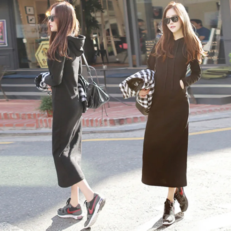 Женские толстовки большого размера с капюшоном, Длинные одноцветные простые универсальные корейские пуловеры, женские зимние толстые бархатные теплые толстовки - Цвет: black