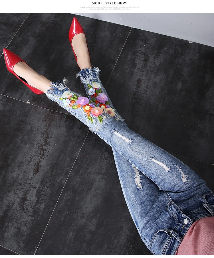 

2017 Autumn New Fashion Hole Floral Embroidery Women Denim Pants Ankle-length Skim Skinny Jeans Tassel Pencil Jean for Mujer