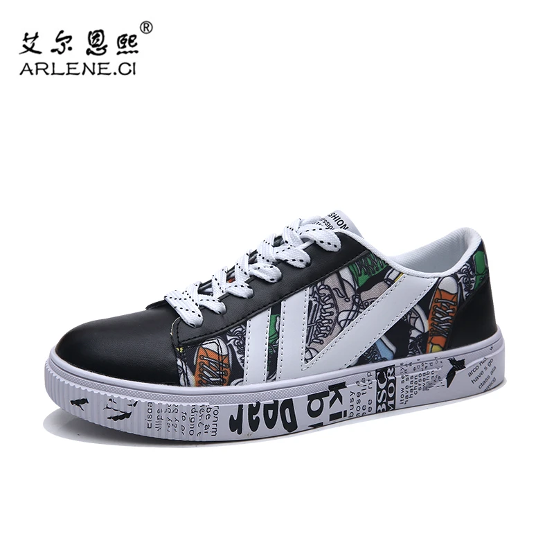 

New Graffiti Designer Men Skateboarding Shoes PU Leather Walking Sports Sneakers Outdoor Athletic Flats Lace Up Leisure Shoes